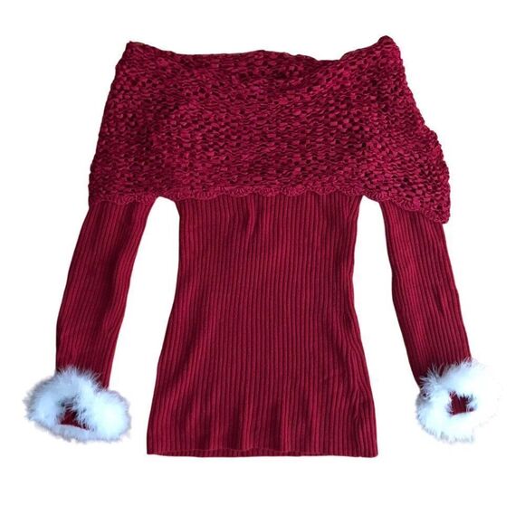 Vintage Y2K Red Preppy Coquette Knit Off-Shoulder Fitted Ribbed Sweater / Small - Picture 4 of 7
